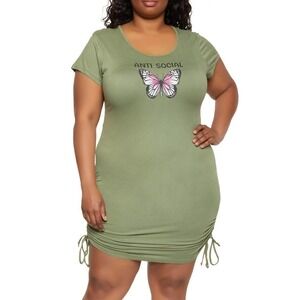 Full Circle Trends Plus Size 3X Anti Social Butterfly Graphic Shirt Dress Green